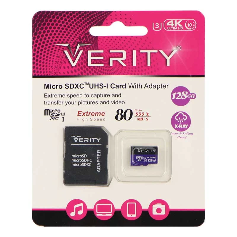کارت حافظه microSDXC وریتی مدل 4K کلاس 10 استاندارد UHS-I U3 سرعت 80MBps ظرفیت 128 گیگابایت به همراه آداپتور