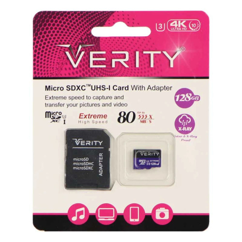 کارت حافظه microSDXC وریتی مدل 4K کلاس 10 استاندارد UHS-I U3 سرعت 80MBps ظرفیت 128 گیگابایت به همراه آداپتور